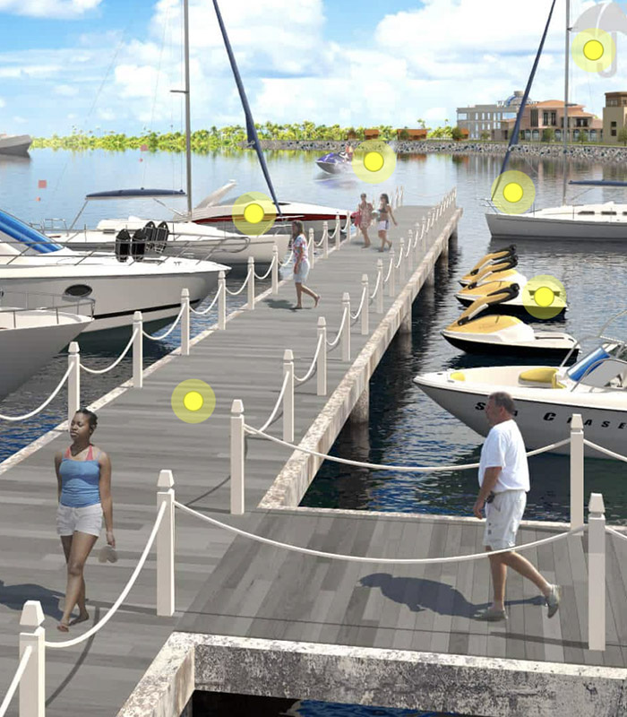 Clickable Coverage - Watercraft Insurance Scene with People Walking On a Dock to their Boats and Personal Watercraft